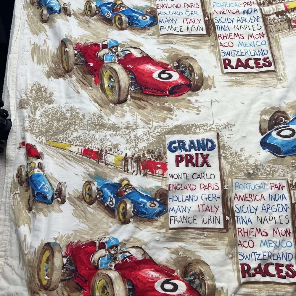 VTG 60s Grand Prix Race Car Hand Tied Quilt Blanket 51x87 Novelty Cotton Textile